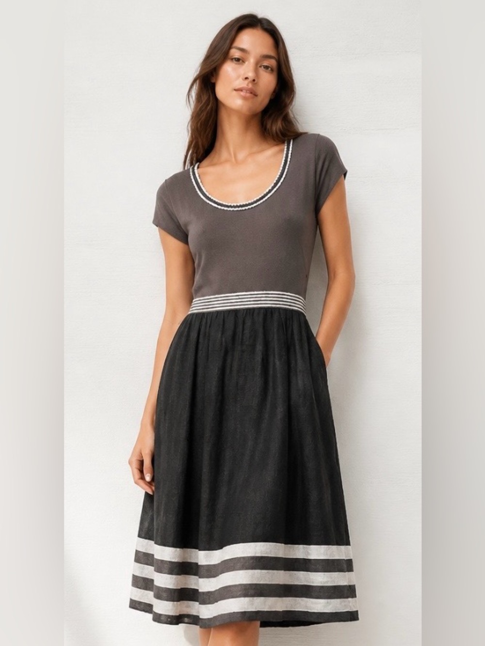 BODEN Gray Brown Jersey Knit Top Stripe Charcoal Linen Lined Skirt Dress 8